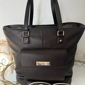DKNY Black Leather Tote with Front Pocket and Gold Plaque
